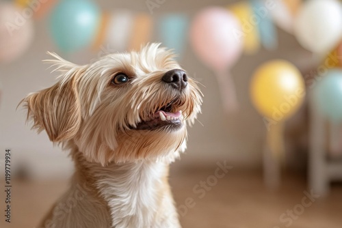 Wallpaper Mural Happy dog enjoying a festive celebration with balloons and decorations in a cheerful indoor setting Torontodigital.ca