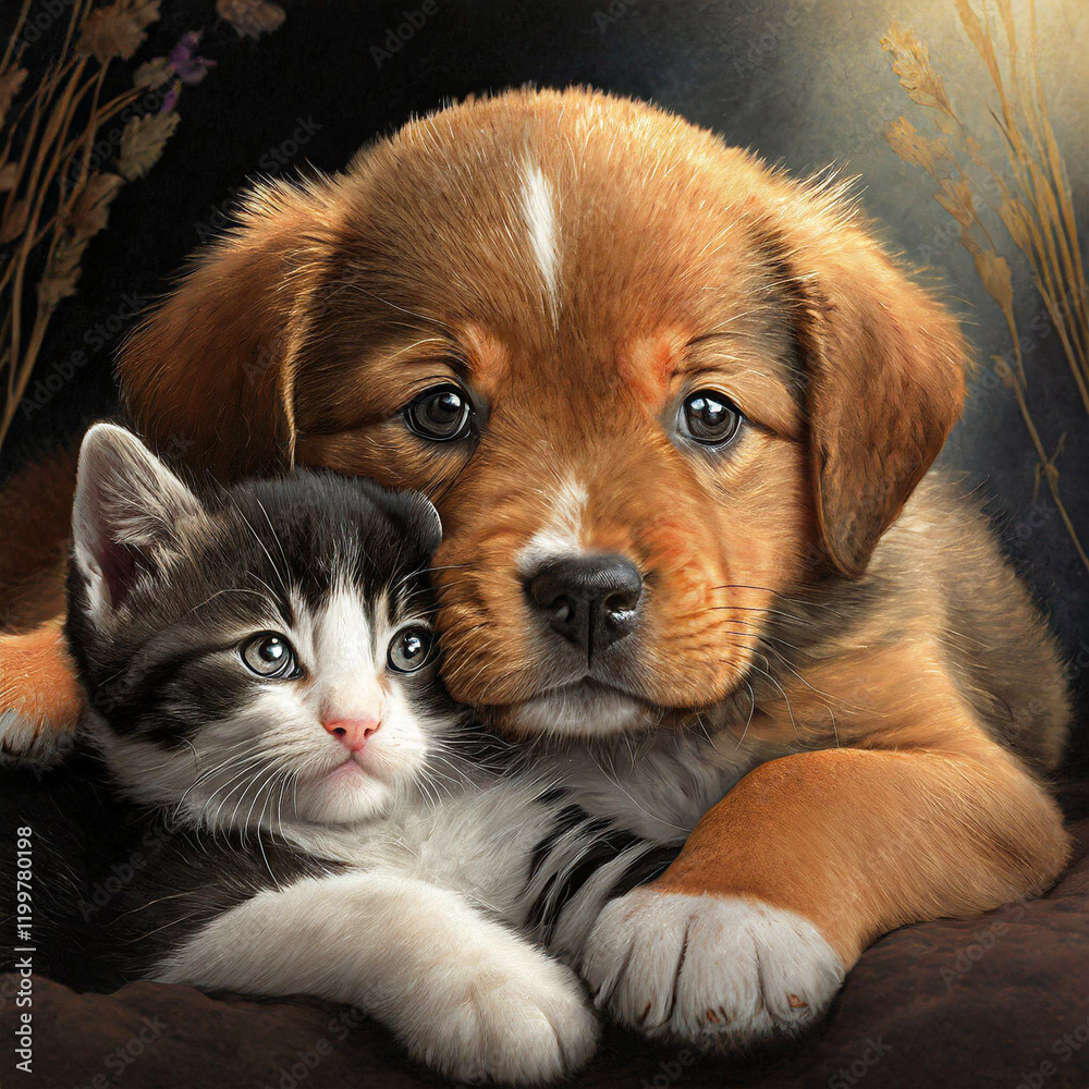 Fototapeta premium Adorable puppy and kitten lying together in a loving embrace 