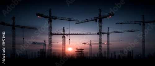 Construction cranes at sunset over city skyline.