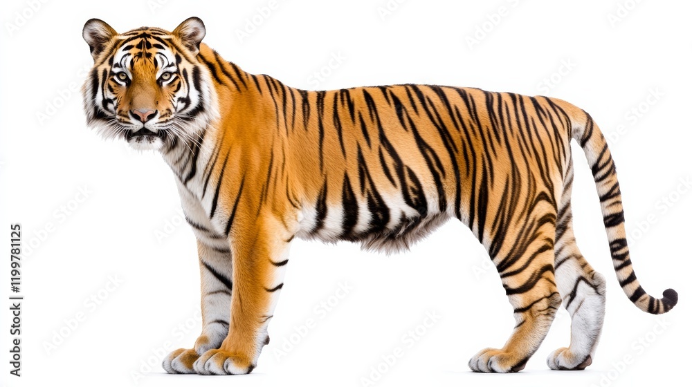 Fototapeta premium A majestic tiger standing confidently, its stripes vivid and bold, isolated on white,