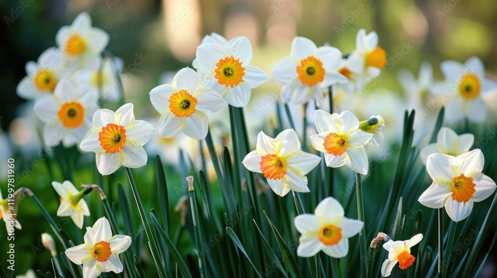 Daffodils blooming garden spring sunlight nature background Daffodils blooming garden spring sunlight nature background