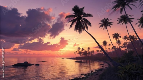 Stunning sunset over the ocean with silhouetted palm trees