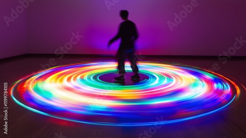 Colorful light patterns swirl around a person in a darkened room during an art installation