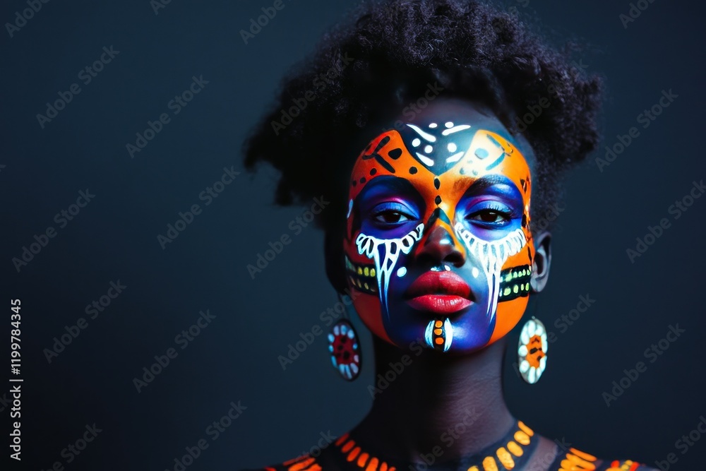 Vibrant Face Painting Art on Dark Background Vibrant Face Painting Art on Dark Background