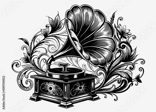 Vintage gramophone with ornate floral flourishes in Art Nouveau style
