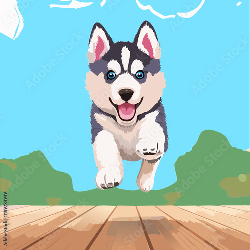 Siberian Husky Puppy Jumping cartoon style vector illustrator, blue background