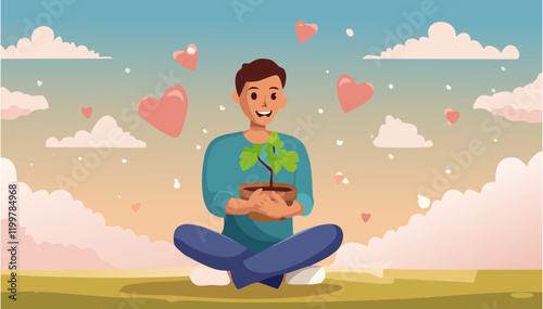 a smiling earth character hugging a tiny tree sapling, surrounded by fluffy pastel clouds and hearts.