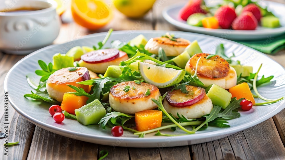 Sophisticated seafood salad with scallops, avocado, arugula, and citrus vinaigrette, elegantly arranged on a white plate, soft lighting Sophisticated seafood salad with scallops, avocado, arugula, and citrus vinaigrette, elegantly arranged on a white plate, soft lighting