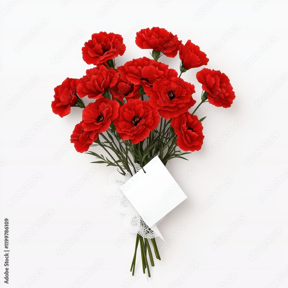 Obraz premium Romantic Note Peeking Out of a Bouquet of Bright Red Carnations