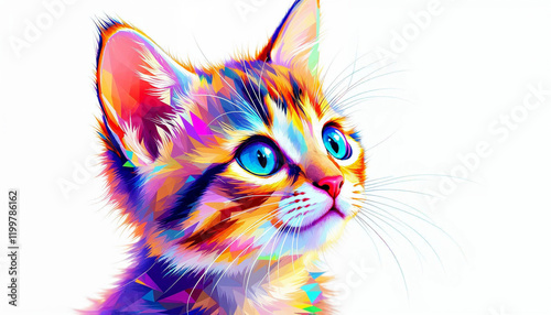 Colorful portrait of a playful cat with striking blue eyes against a white background showcasing vibrant hues and geometric patterns