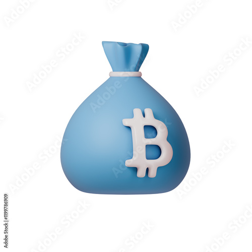 3D illustration of a blue money bag with a Bitcoin symbol, ideal for concepts on cryptocurrency, finance, and digital currency