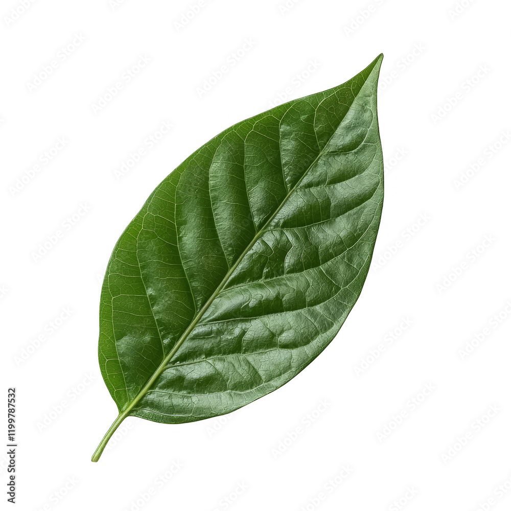 Obraz premium Single Green Leaf with Distinct Veins Isolated on White Background
