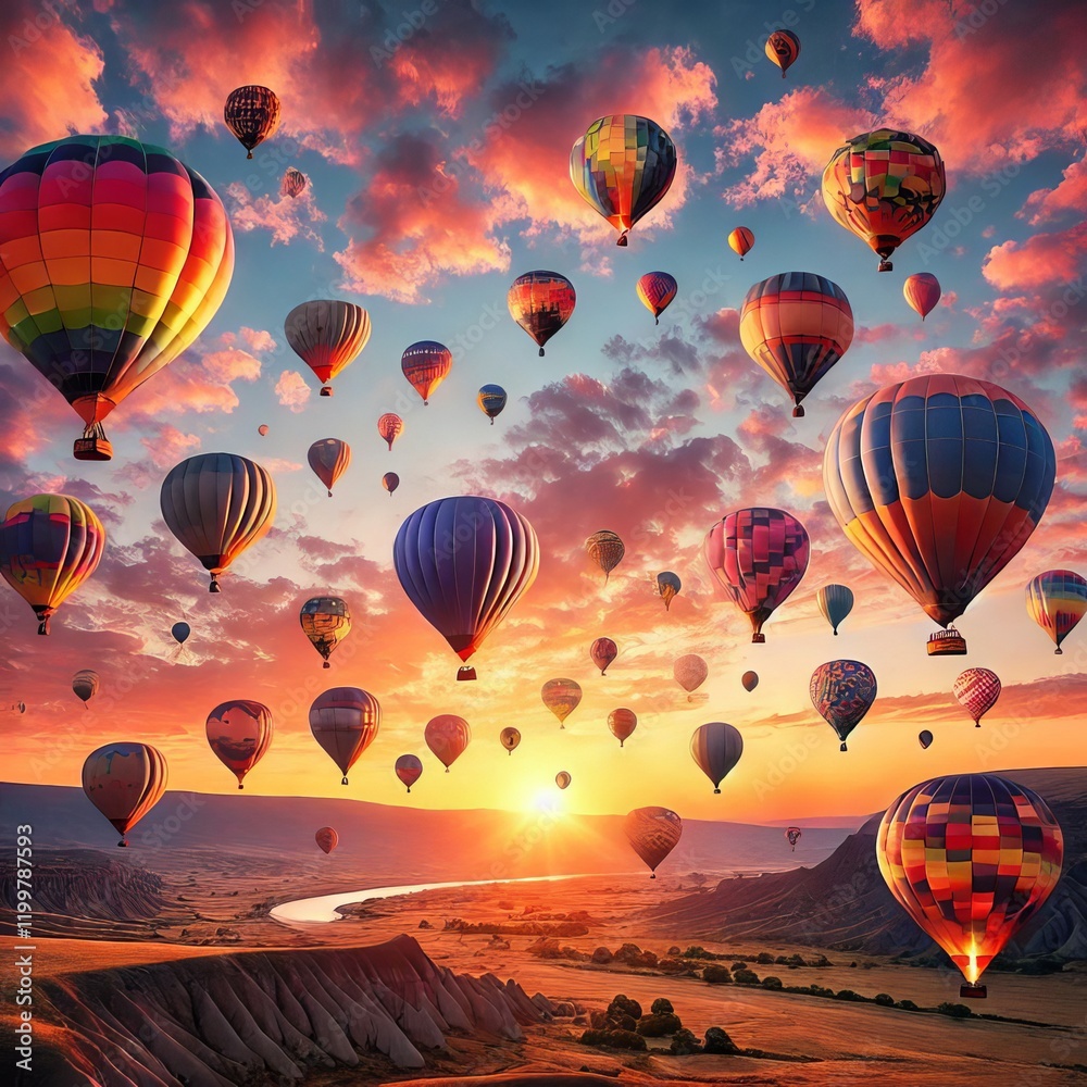 Fototapeta premium A fleet of colorful hot air balloons drifting across a serene landscape at sunrise. The vibrant hues of the balloons contrast against the soft orange and pink sky