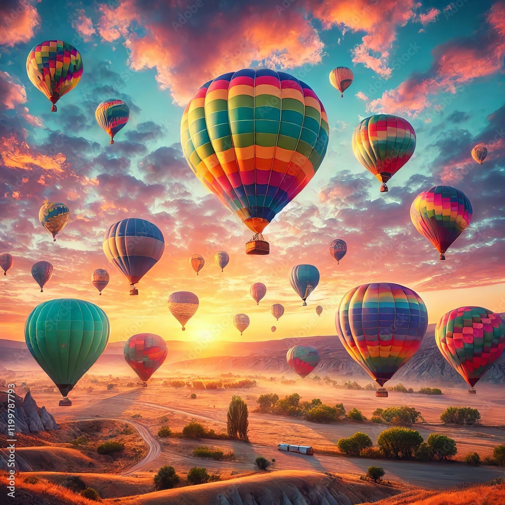 Fototapeta premium A fleet of colorful hot air balloons drifting across a serene landscape at sunrise. The vibrant hues of the balloons contrast against the soft orange and pink sky