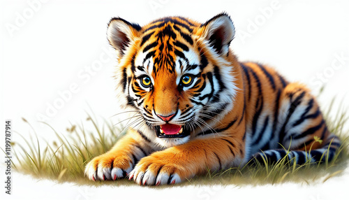 Playful young tiger resting in a grassy area during a sunny day, showcasing vibrant fur patterns and expressive eyes