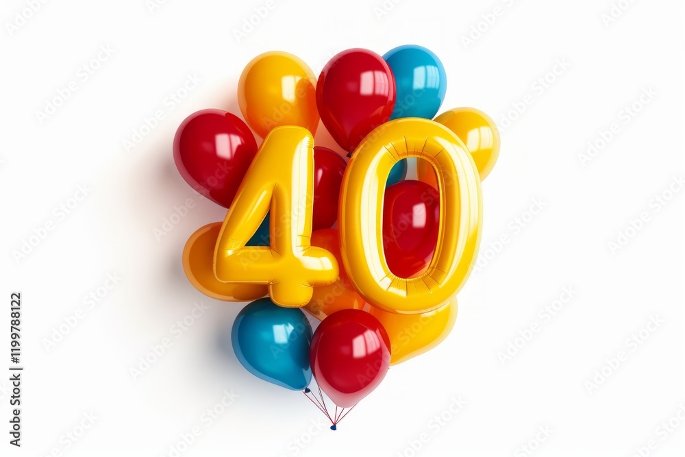 The number of the balloon made of yellow plastic, the number forty on a white background with small different balloons. The number of the balloon made of yellow plastic, the number forty on a white background with small different balloons.