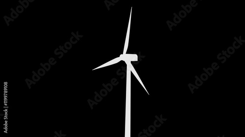 animated wind turbine generator with moving camera from front view to side view. animation footage video on alpha channel(transparent) background.