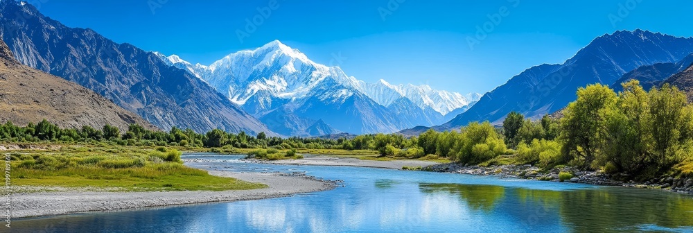 Fototapeta premium River Winding Through Snowy Mountain Valley - Serene river meanders through a valley, flanked by snow-capped mountains and lush greenery. Symbolizing peace, tranquility, nature's beauty, adventure, a