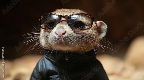 Stylish meerkat wearing sunglasses and a leather jacket poses confidently in a playful setting photo