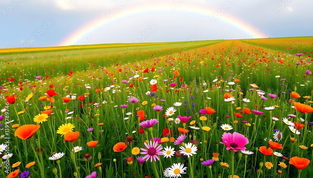 Obraz premium Vibrant Wildflower Meadow with Rainbow Landscape