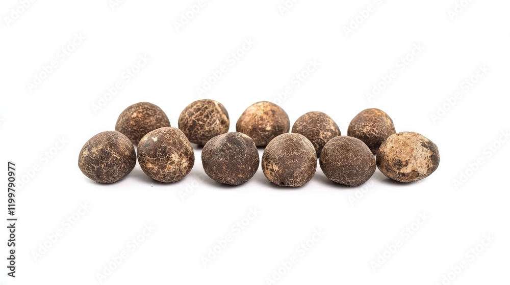 A group of whole nutmeg seeds with a textured, natural shell lying casually on a white background. Natural, aromatic, culinary, organic A group of whole nutmeg seeds with a textured, natural shell lying casually on a white background. Natural, aromatic, culinary, organic