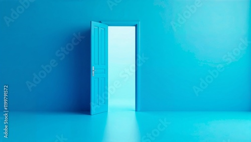 Puerta abierta azul en fondo minimalista