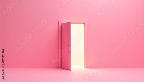 Puerta abierta rosa en fondo minimalista