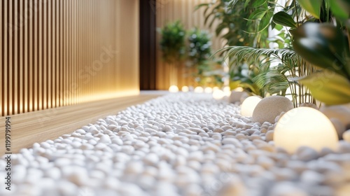 Serene spa walkway, pebbles, plants, zen design, interior photo