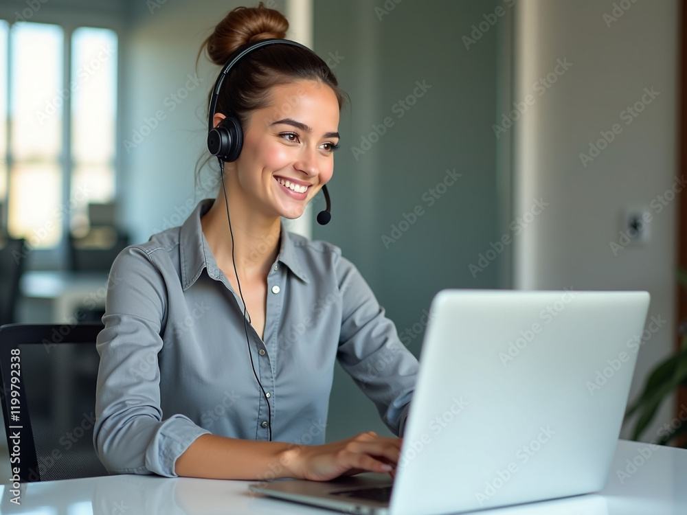 Cheerful woman providing customer support while using a laptop. Cheerful woman providing customer support while using a laptop.