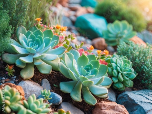 Vibrant Succulent and Flower Garden Border with Colorful Rocks and Greenery. photo