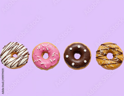 Four Delicious Donuts Colorful Glaze Sweet Treats Purple Background photo