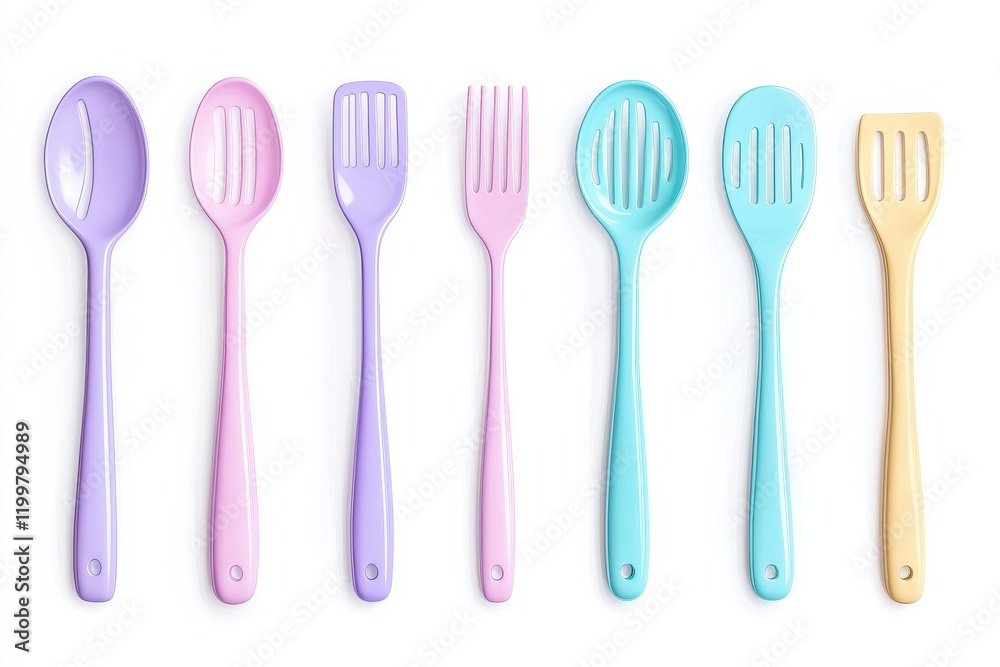 A collection of colorful kitchen utensils, including spoons and forks, arranged neatly in pastel shades of purple and blue.