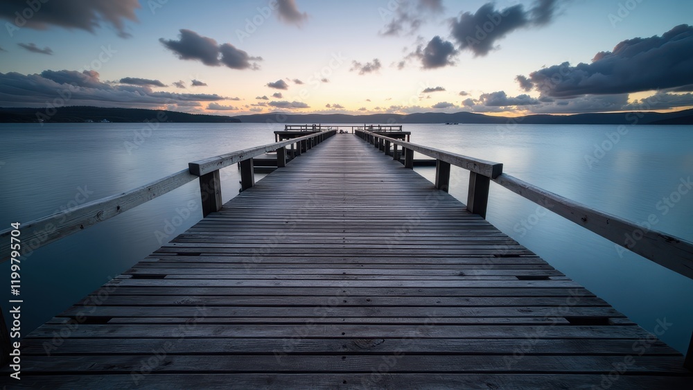 A serene wooden pier stretches into the horizon, with intricately arranged horizontal planks and vertical/horizontal railings offering a tranquil escape by water A serene wooden pier stretches into the horizon, with intricately arranged horizontal planks and vertical/horizontal railings offering a tranquil escape by water