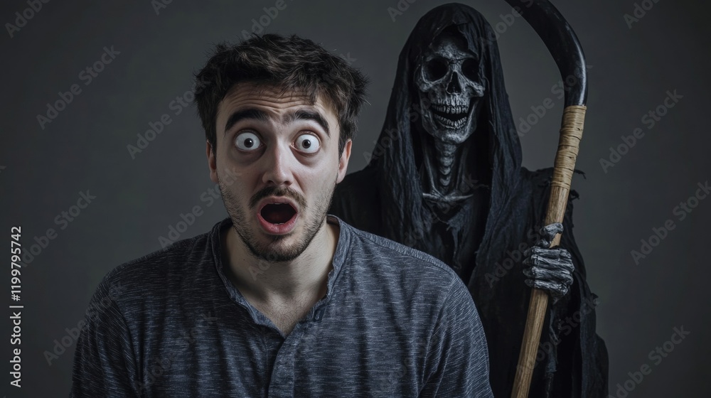 man with a surprised face and death behind man with a surprised face and death behind