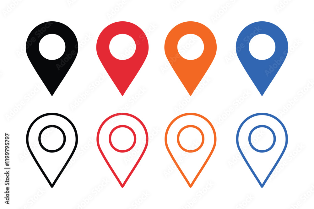 colorful location icon set map pointer pin sign symbol solid and outline designs place address navigation locator sign vector illustration