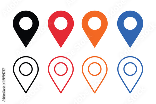 colorful location icon set map pointer pin sign symbol solid and outline designs place address navigation locator sign vector illustration