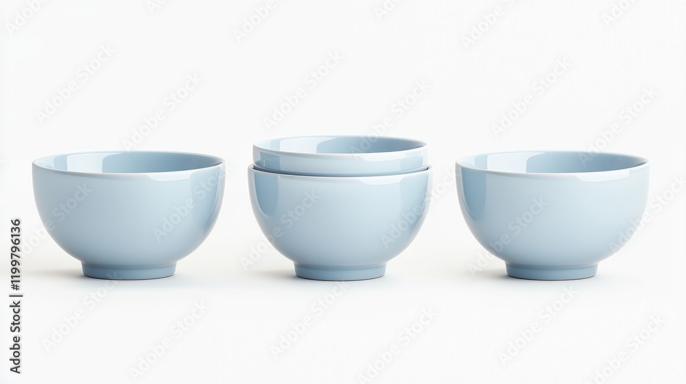 Three light blue bowls arranged in a row, showcasing a minimalist design against a plain white background. Three light blue bowls arranged in a row, showcasing a minimalist design against a plain white background.