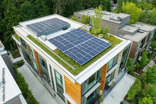 Modern Building with Solar Panels on Green Roof