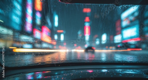 Nighttime city driving with vibrant lights and reflections on the windshield. photo