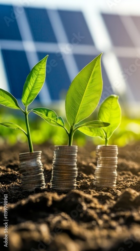 Plants growing from coins symbolize green investment. photo