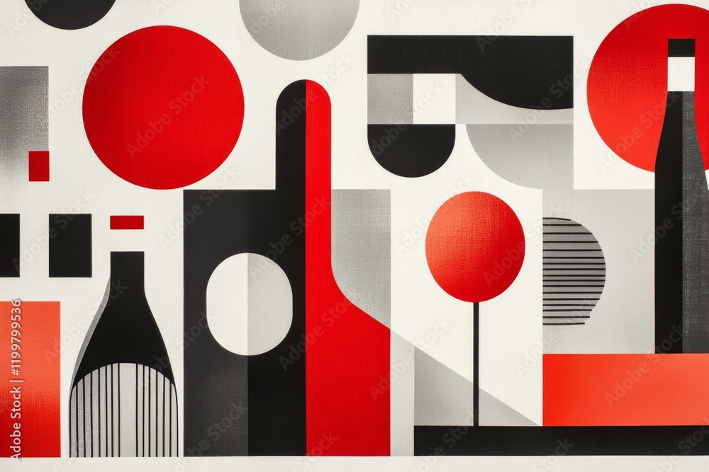 A bold, geometric pattern of wine glasses and bottles, repeated in a modern monochromatic palette with subtle red accents A bold, geometric pattern of wine glasses and bottles, repeated in a modern monochromatic palette with subtle red accents