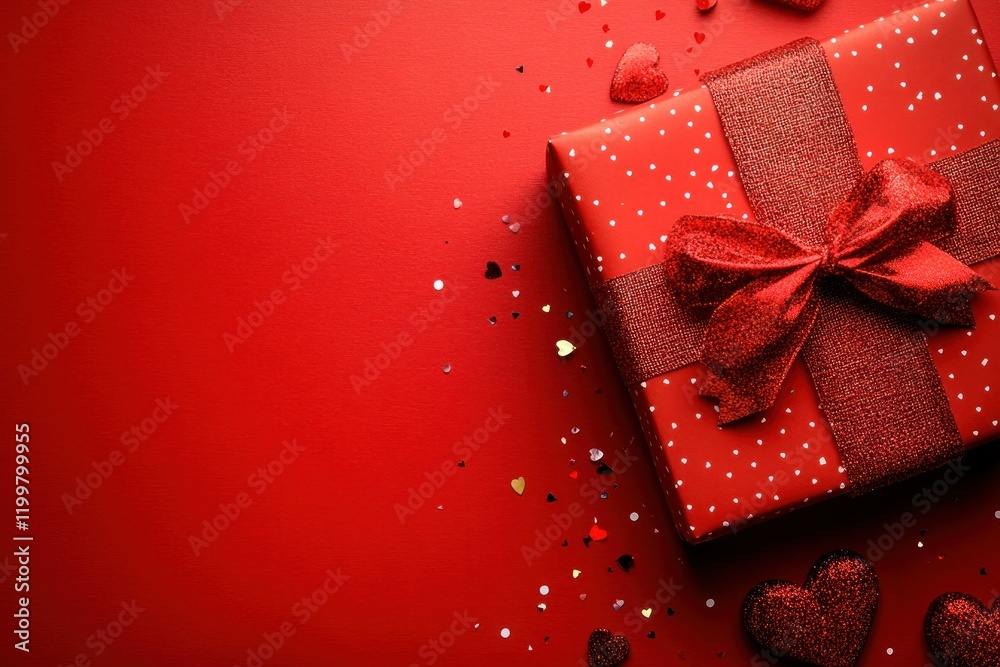 Red Gift Box with Hearts and Glitter Decorations Red Gift Box with Hearts and Glitter Decorations