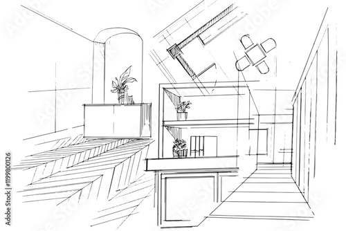 Drawing exterior and interior architectural lines. , Graphic assembly in architecture and interior design work. ,Sketch ideas for interior or exterior designs.