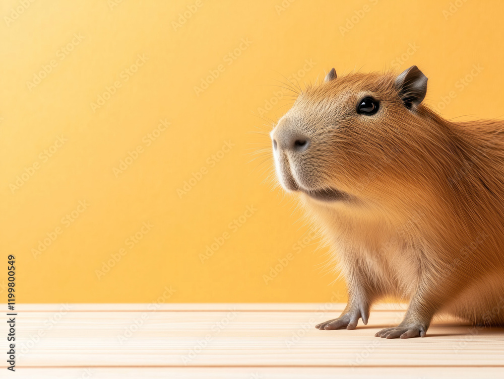 Fototapeta premium Capybara Portrait Against Yellow Background: Charming Rodent on Wooden Surface