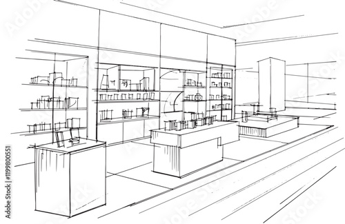 electronic equipment store sketch drawing,computer and gadget shop. ,Modern design,vector,2d illustration