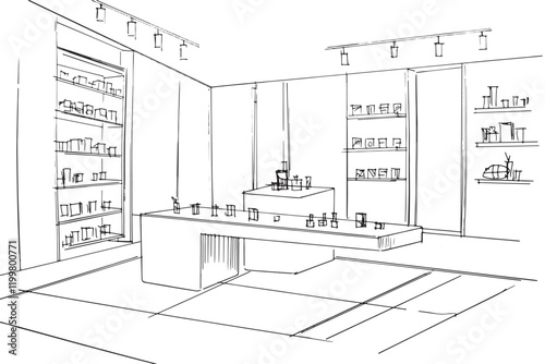 electronic equipment store sketch drawing,computer and gadget shop. ,Modern design,vector,2d illustration
