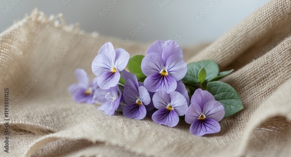Fresh purple violets arranged on rustic burlap fabric Fresh purple violets arranged on rustic burlap fabric
