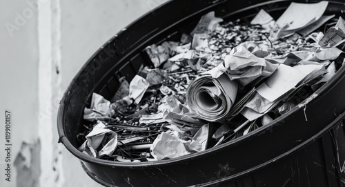 Overflowing Black Trash Can with Crumpled Paper Shot Close Up.