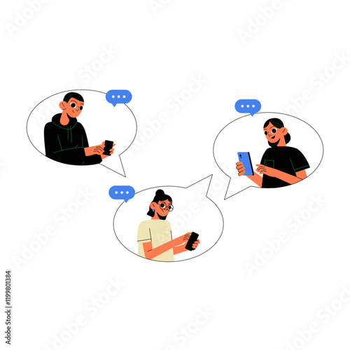 Three People Engaging In Online Chat Using Smartphones In Flat Vector Illustration Symbolizing Digital Communication And Social Media Networking, Isolated On White Background