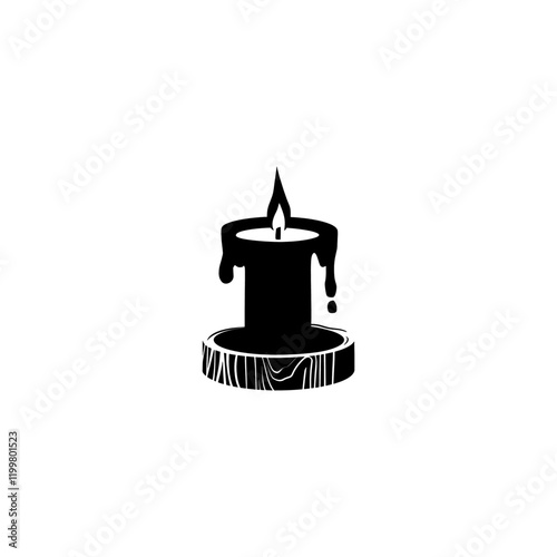 Spooky Candle, Candlelight Silhouette, Simple Black Vector Design, Black silhouette of a burning candle, Burning and melting candle flat icon, Vintage Black and White Illustration of a Melting Candle